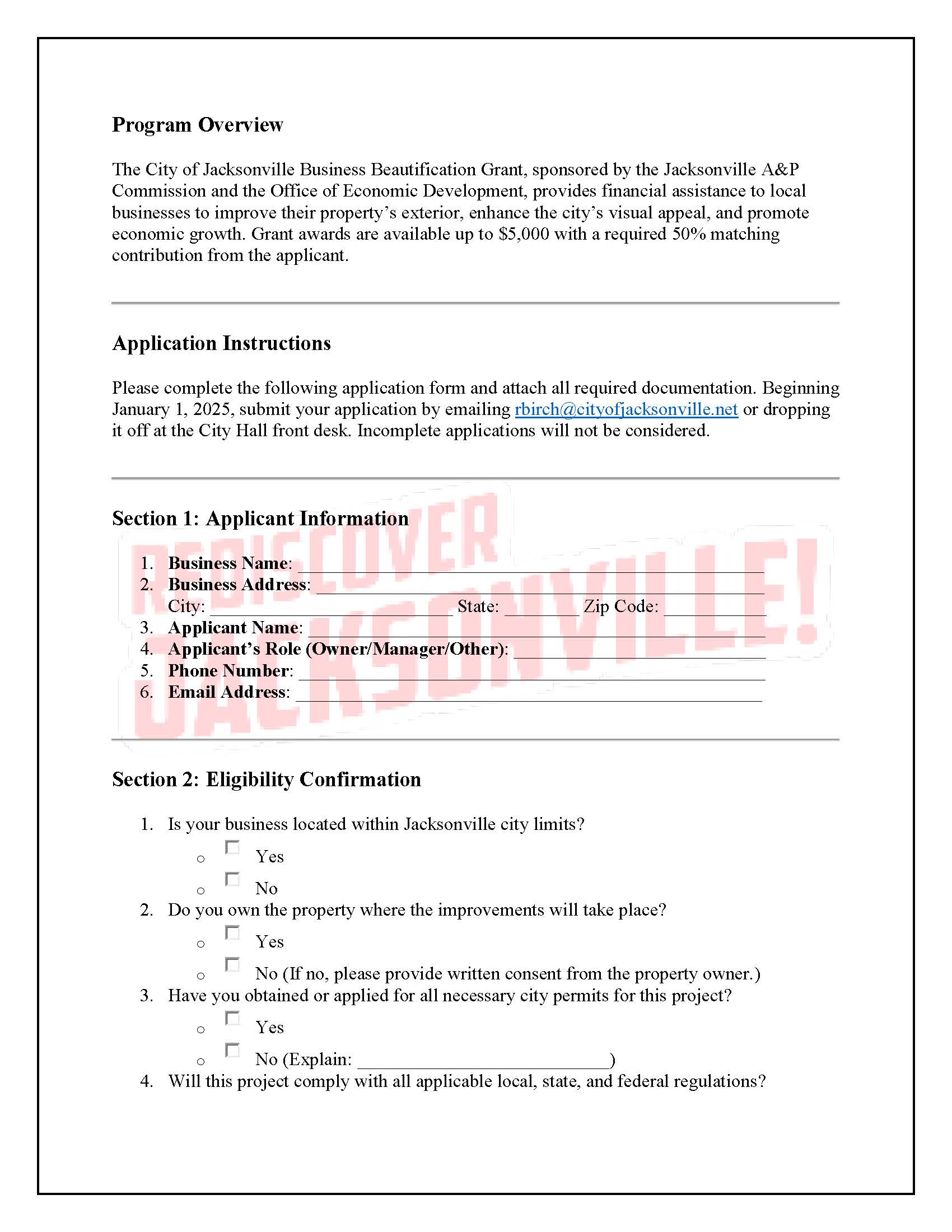 Rediscover Jacksonville Business Beautification Grant Program Application Page 1
